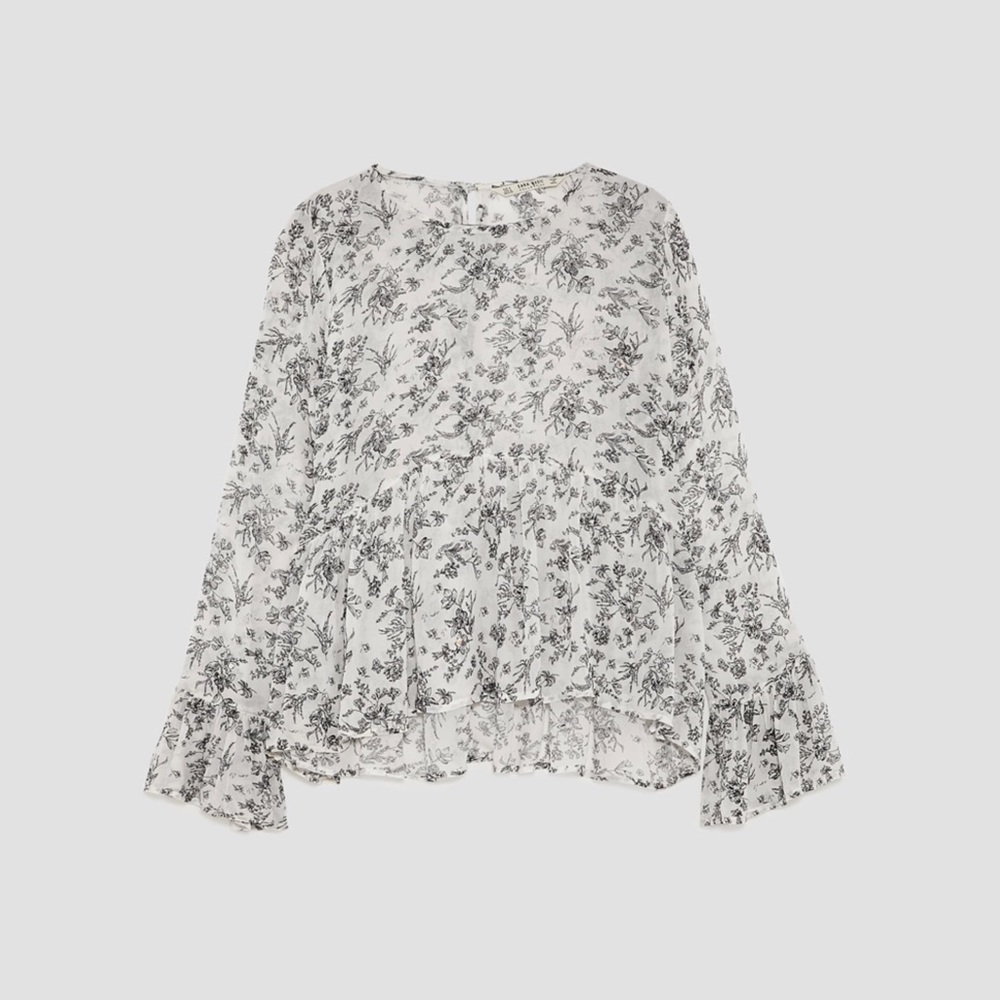 🎀 5/$25 NWT Zara toile floral print bell sleeve top sz XS